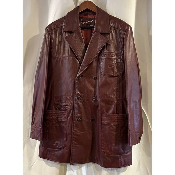 Vtg Etienne Aigner OXBLOOD Leather Double Breasted NORFOLK Belted Back Jacket 42 - Picture 2 of 7